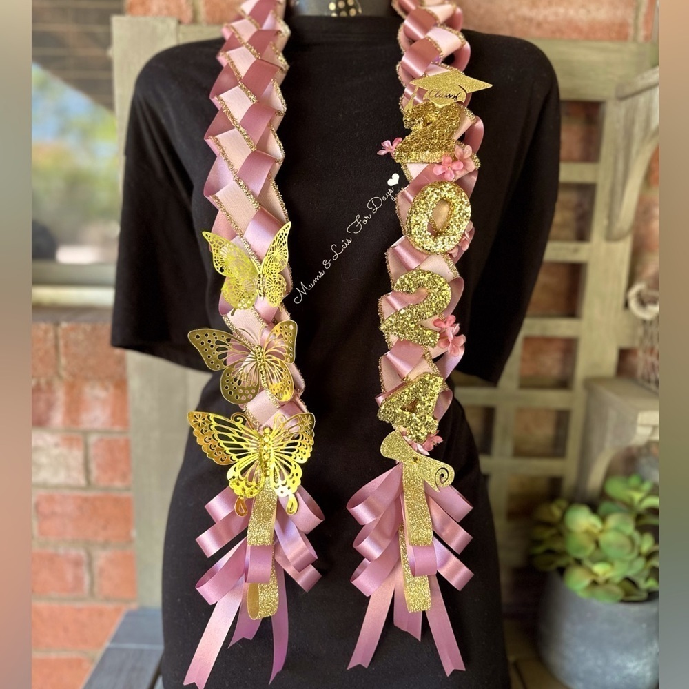 Graduation Lei  Senior Grad Pink & Gold Lei, Hawaiian
